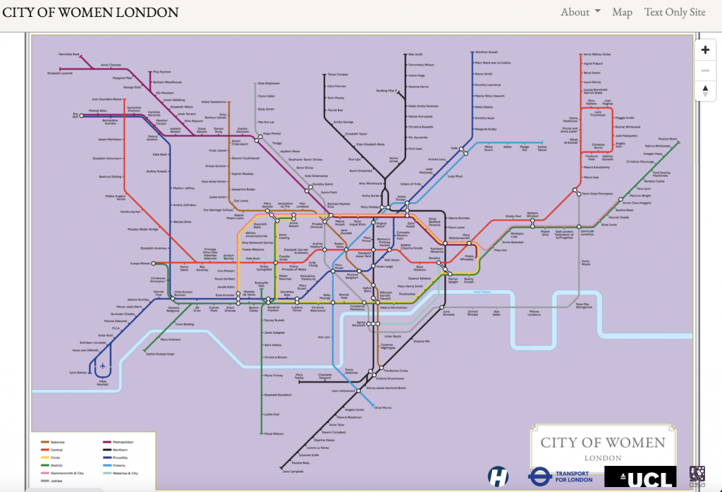 A City of Women map of the London Underground with the names of stops replaced with women's names